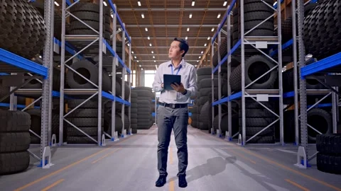 Asian Male Worker Use Tablet And Looking around at Tire Warehouse Stock Footage 341786220