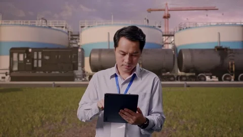 Asian Male Worker Is Working With A Tablet at Oil Refinery Stock Footage 340139568