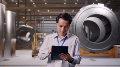 Asian Male Worker Is Working With A Tablet at Heavy Factory Stock Footage 340815317