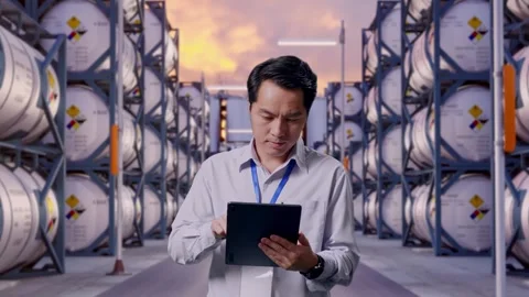 Asian Male Worker Is Working With A Tablet with Chemical Tanks Stock Footage 340832317