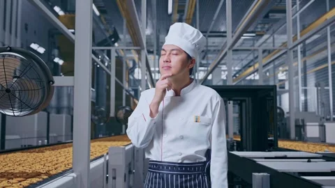 Asian Man Chef Thinking About Something And Looking Around In Cookie Factory Stock Footage 318080292