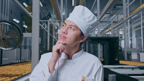 Asian Man Chef Thinking About Something And Looking Around In Cookie Factory Stock Footage 318081059
