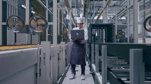 Asian Man Chef Using A Laptop In Cookie Factory Stock Footage 318082822
