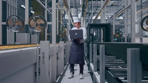 Asian Man Chef Using A Laptop And Having A Headache In Cookie Factory Stock Footage 318082940