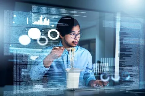 Asian man, computer engineering and programming code in typing for innovation or Photos