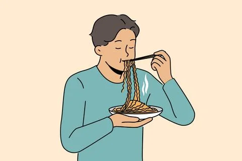Asian man eats ramen with chinese sticks, enjoying taste of traditional national Stock Illustration