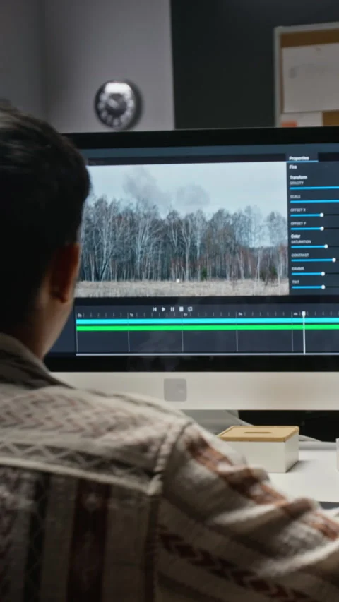 Asian Man Editing Visual Effects Explosion on Computer Screen Stock Footage 348345231