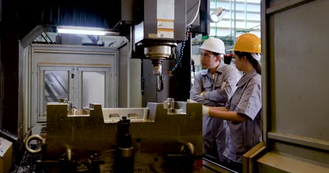 Asian man engineer briefs Asian woman technician beside CNC equipment, reviewing Stock Footage 335115990