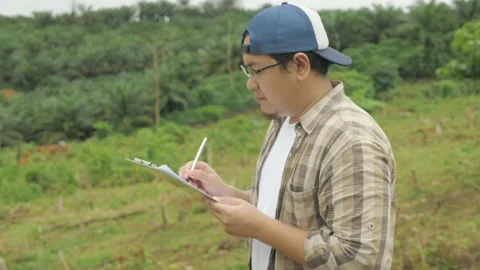 Asian man environmentalist researcher doing work in nature, making writing do Stock Footage 150788005