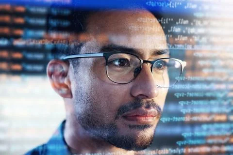 Asian man, face and programming at night with overlay or dashboard of code Stock Photos