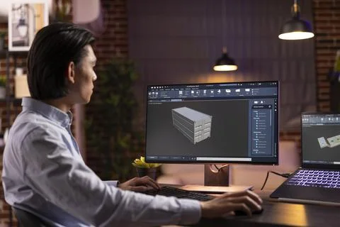 Asian man focusing and developing 3d tools with cad software at home Fotos Stock