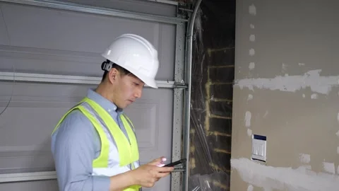 Asian man home inspector checking the structure of a garage Vidéo 274925672