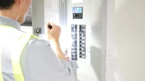 Asian man home inspector engineer inspecting circuit breaker in the basement Stock Footage 251104723
