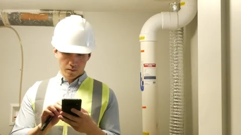 Asian man home inspector engineer checking the radon and foundation Stock Footage 251104778