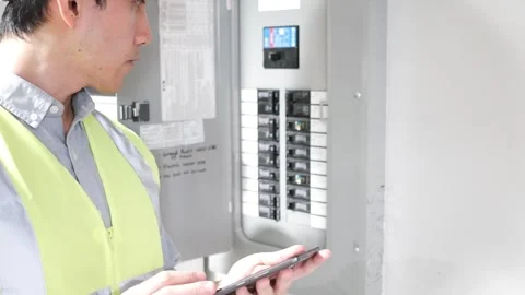 Asian man home inspector engineer checking the circuit breaker Stock Footage 251104785