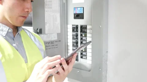 Asian man home inspector engineer checking circuit breaker for faults Stock Footage 251104786