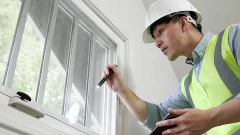 Asian man Home Inspector evaluating a house and using a tablet for notes. Stock Footage 252251211
