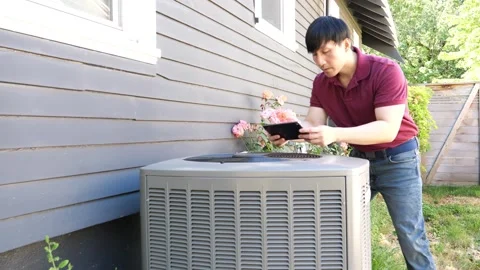 Asian man HVAC technician checking and diagnosing air conditioning unit Vidéo 280142826