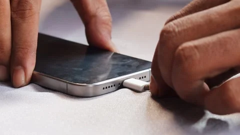 Asian man inserting a USB-C connector into a modern smartphone Stock-Footage 347114470