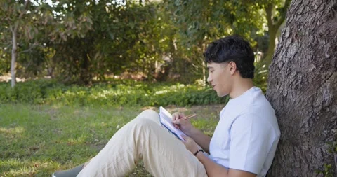 Asian man leaning against tree at park, opening notebook, writing notes while Stock Footage 341091331
