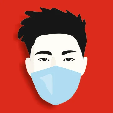 Asian man with mask on red background Illustrazione stock