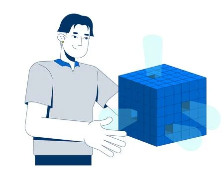 Asian man presenting floating digital data cube 2D cartoon character 스톡 일러스트