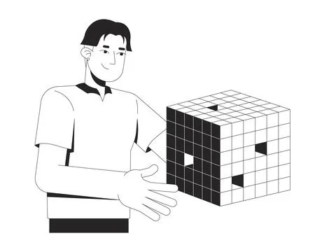 Asian man presenting floating digital data cube 2D line character 스톡 일러스트