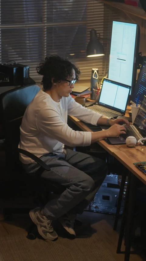 Asian Man Programmer Coding on Laptop with Multiple Screens Video stock 338421696