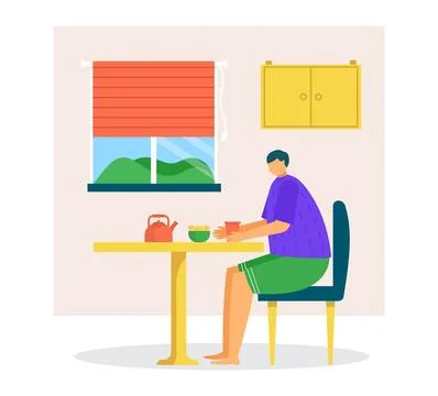 Asian man sitting at kitchen table, enjoying morning tea. Guy relaxes with cup Stock Illustration