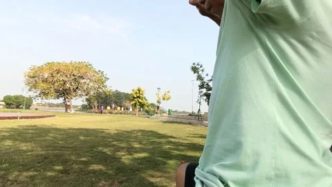 An Asian man is sitting in the park doing Martial Arts breathing exercises. Stock Footage 295653475