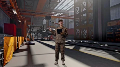 Asian Man Soldier Using A Tablet And Pointing To Side in Aircraft Hangar Stock Footage 313430863