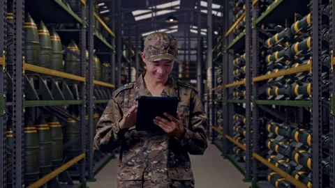 Asian Man Soldier Using A Tablet In Military Storage Stock Footage 313736979