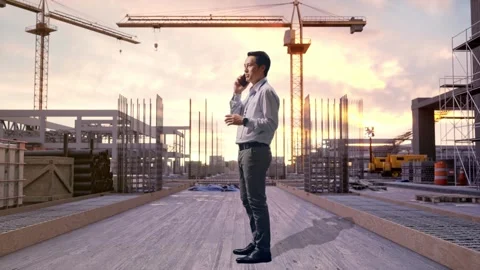 Asian Man Speaking The Phone To Someone at Construction Site Stock Footage 326103003
