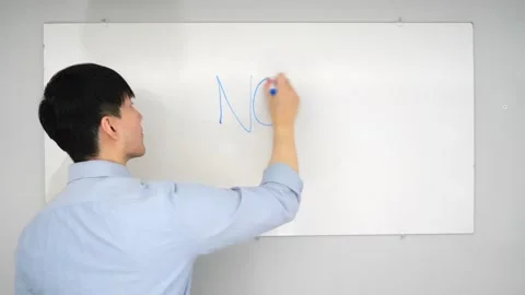 Asian man standing in front of a white board writing yes no or mabye Vidéo 263858697