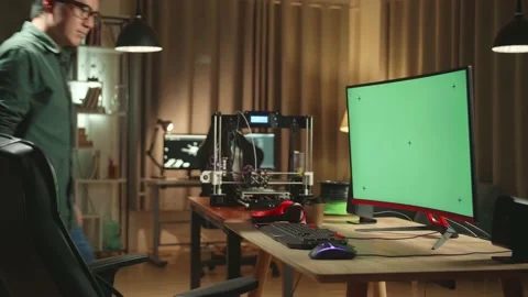 Asian Man Start Work On 3D Printer And Personal Computer With Mock Up Stock Footage 158105138