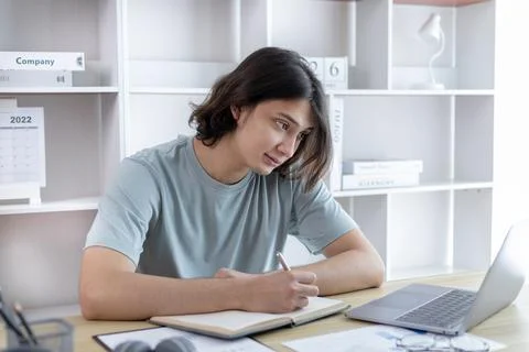 Asian man taking notes in notebook while studying online in laptop at home, V Stock Photos