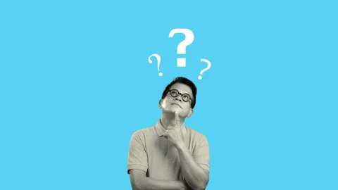 Asian man thinking something with question marks on blue background. Stock Footage 234156534