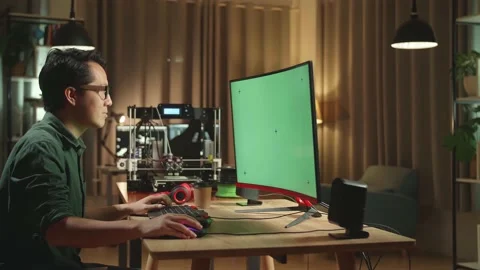 Asian Man Thinking While Work On 3D Printer And Personal Computer With Mock Up Stock Footage 158105001
