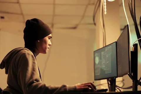 Asian man using computers to hack database information Stock Photos