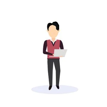 Asian man using laptop standing pose isolated faceless silhouette male cartoon Stock Illustration