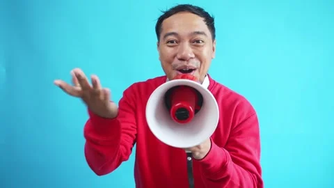 Asian Man Using Megaphone Doing Promotion Activity Stock Footage 292227661