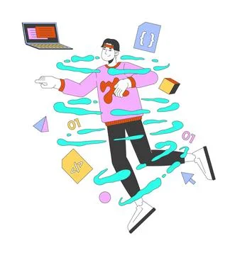 Asian man web developer in coding whirlpool 2D illustration concept Stock Illustration