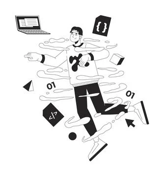 Asian man web developer in coding whirlpool bw 2D illustration concept Stock Illustration