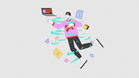 Asian man web developer inspired at work 2D animation Video stock 300342158