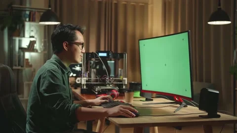 Asian Man Work On 3D Printer And Personal Computer With Mock Up Green Stock Footage 158106742
