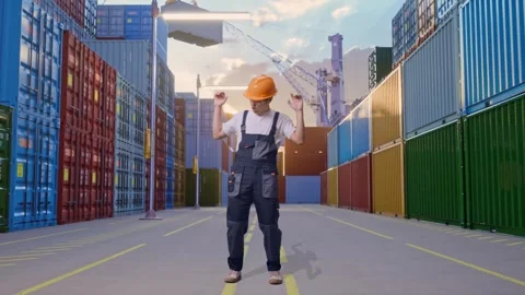 Asian Man Worker Dancing At Container Yard Warehouse Stock Footage 285171175
