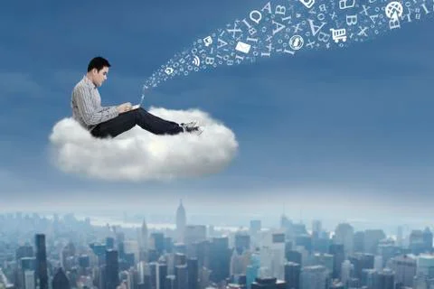 Asian man working on a cloud Illustrazione stock