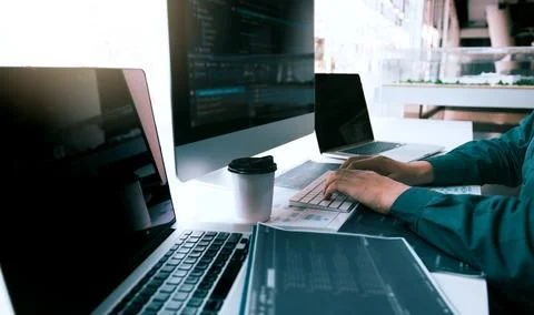Asian man working code program developer computer web development working d.. 스톡 사진