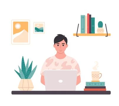 Asian man working with computer. Home office, freelance, remote working Illustrazione stock