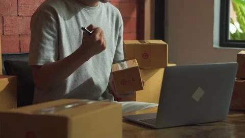 Asian man working laptop computer from home floor with postal parcel. Stock Footage 211562160